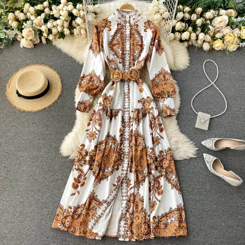Fashion Vintage Paisley Print Maxi Dress Long Sleeve Stand Collar Shirt Dress With Belt Elegant Long Dresses For Women
Fashion Vintage Paisley Print Maxi Dress Long Sleeve Stand Collar Shirt Dress With Belt Elegant Long Dresses For Women