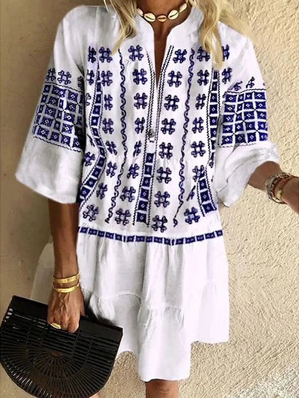 Женское платье с винтажным принтом, летнее короткое платье в этническом стиле с коротким рукавом и V-образным вырезом, Женский пуловер, мини-... 
Женское платье с винтажным принтом, летнее короткое платье в этническом стиле с коротким рукавом и V-образным вырезом, Женский пуловер, мини-...