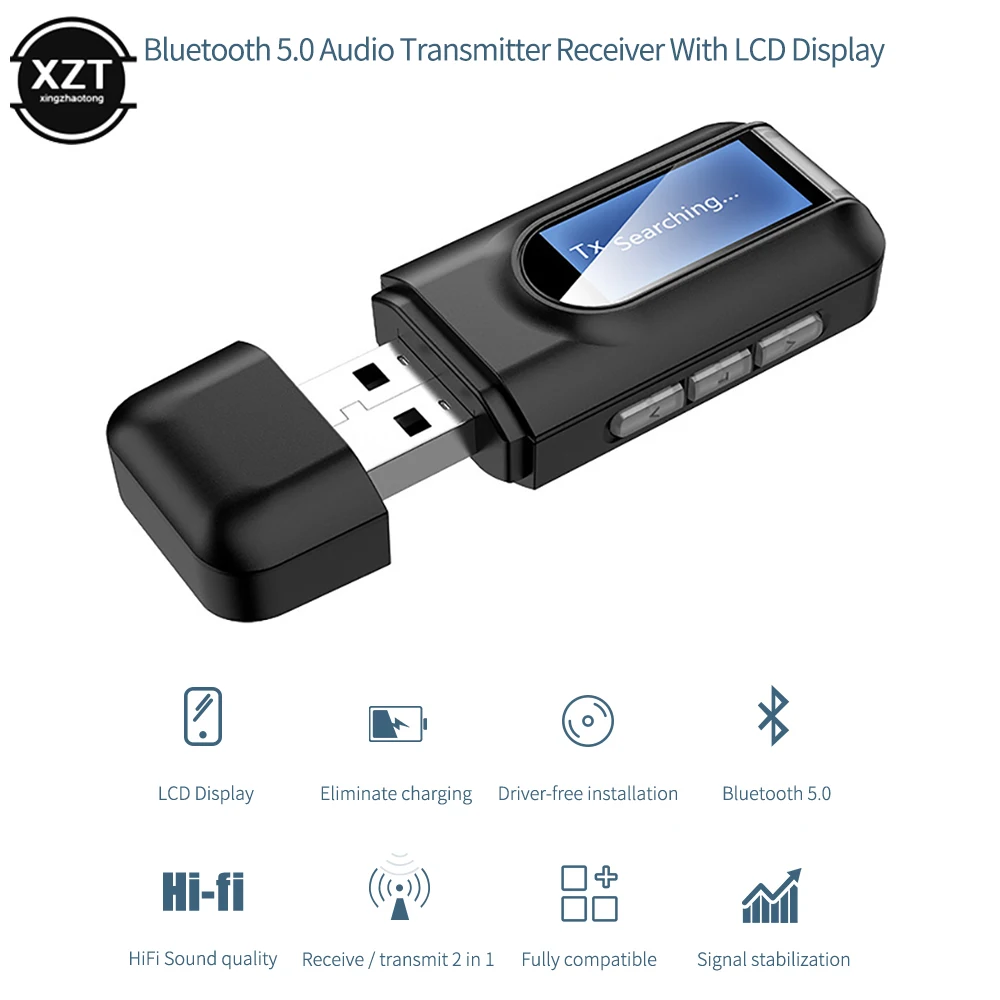 Фото USB Bluetooth 5 0 аудио передатчик приемник с ЖК-дисплеем 3 мм AUX RCA стерео беспроводной