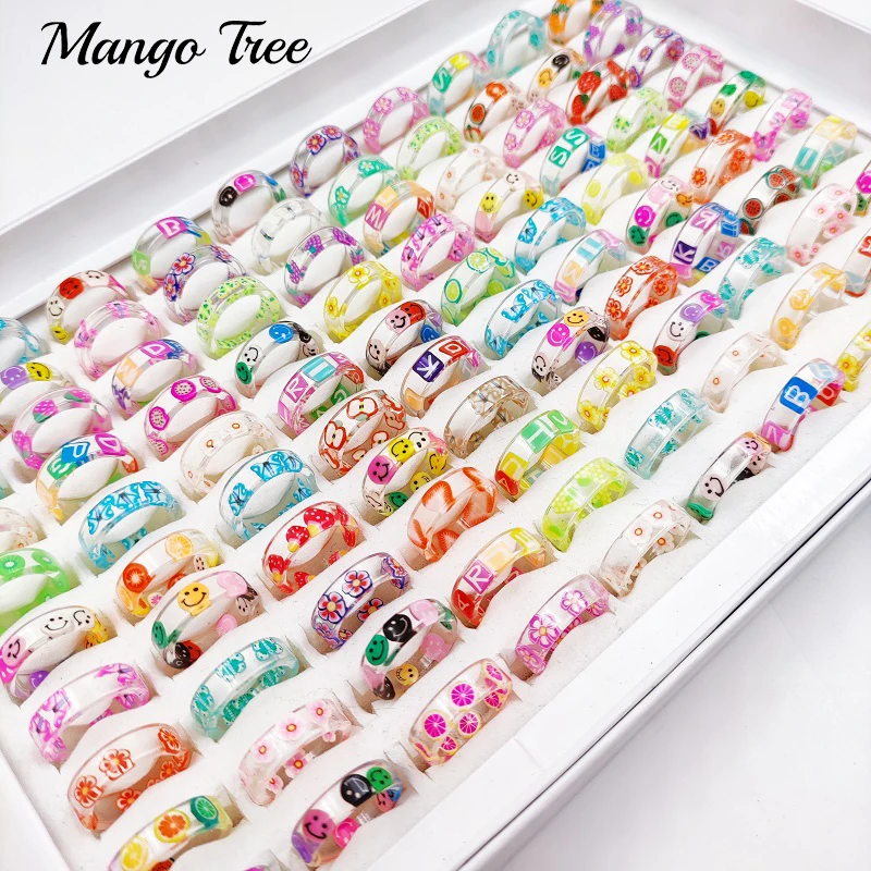 Wholesale 50Pcs/Lot Resin Fruit Acrylic Ring Accessories For Women Men Transparent Butterfly Smile Flower Printed Jewelry Gift
Wholesale 50Pcs/Lot Resin Fruit Acrylic Ring Accessories For Women Men Transparent Butterfly Smile Flower Printed Jewelry Gift