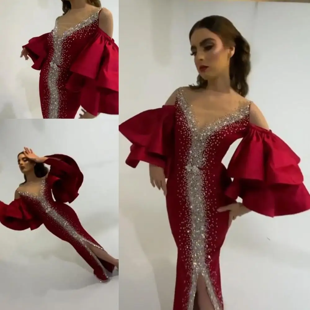 Burgundy Arabic Mermaid Evening Dresses 2021 Crystal Beaded Puffy Half Sleeves Sheer Neck Long Prom Gowns vestidos de fiesta
Burgundy Arabic Mermaid Evening Dresses 2021 Crystal Beaded Puffy Half Sleeves Sheer Neck Long Prom Gowns vestidos de fiesta