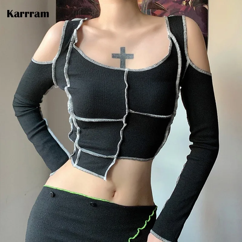 

Черная сексуальная женская футболка Karrram в готическом стиле Y2k E-girl с вырезами и длинным рукавом, облегающая футболка, топы, уличная одежда, м...
