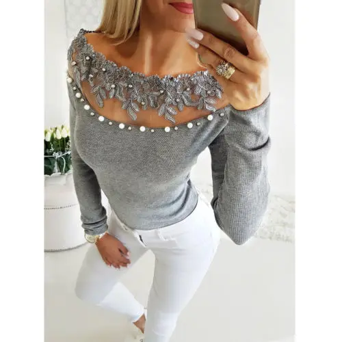 Womens Ladies Round Neck Off Shoulder Longsleeve Casual Slim Fit Plain Stretch Prespective Basic Top | Женская одежда