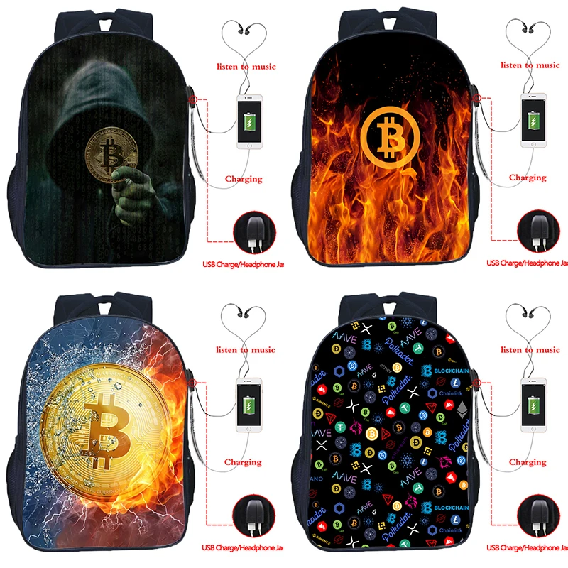 

Детские Bitcoin печати USB рюкзак S мужские женские дорожные сумки распылитель ранцевого типа для с рисунком школьный портфель с анимэ для мальч...