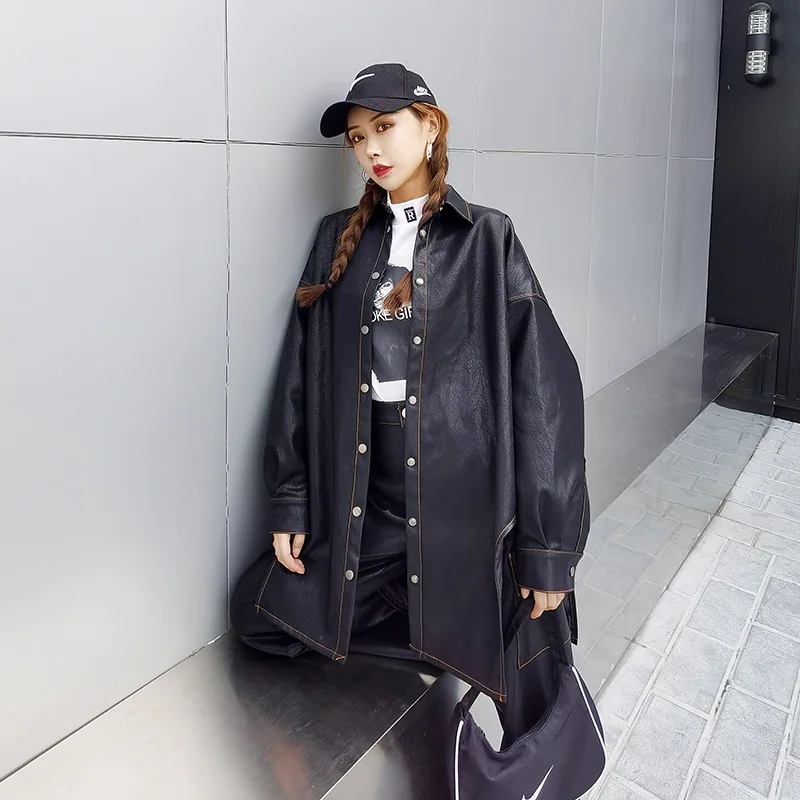 2020 Autumn Winter New PU Leather Shirt Female Side Slit Top Long Sleeve Lapel Single Breasted Loose Mid-length Fashion Jacket
2020 Autumn Winter New PU Leather Shirt Female Side Slit Top Long Sleeve Lapel Single Breasted Loose Mid-length Fashion Jacket