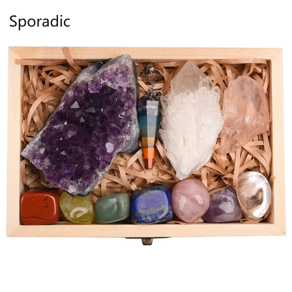 

11pcs Natural Amethyst Cluster Quartz Crystal Mineral Specimen Healing Stones Rough Ore Seven chakras therapy stone wooden gift