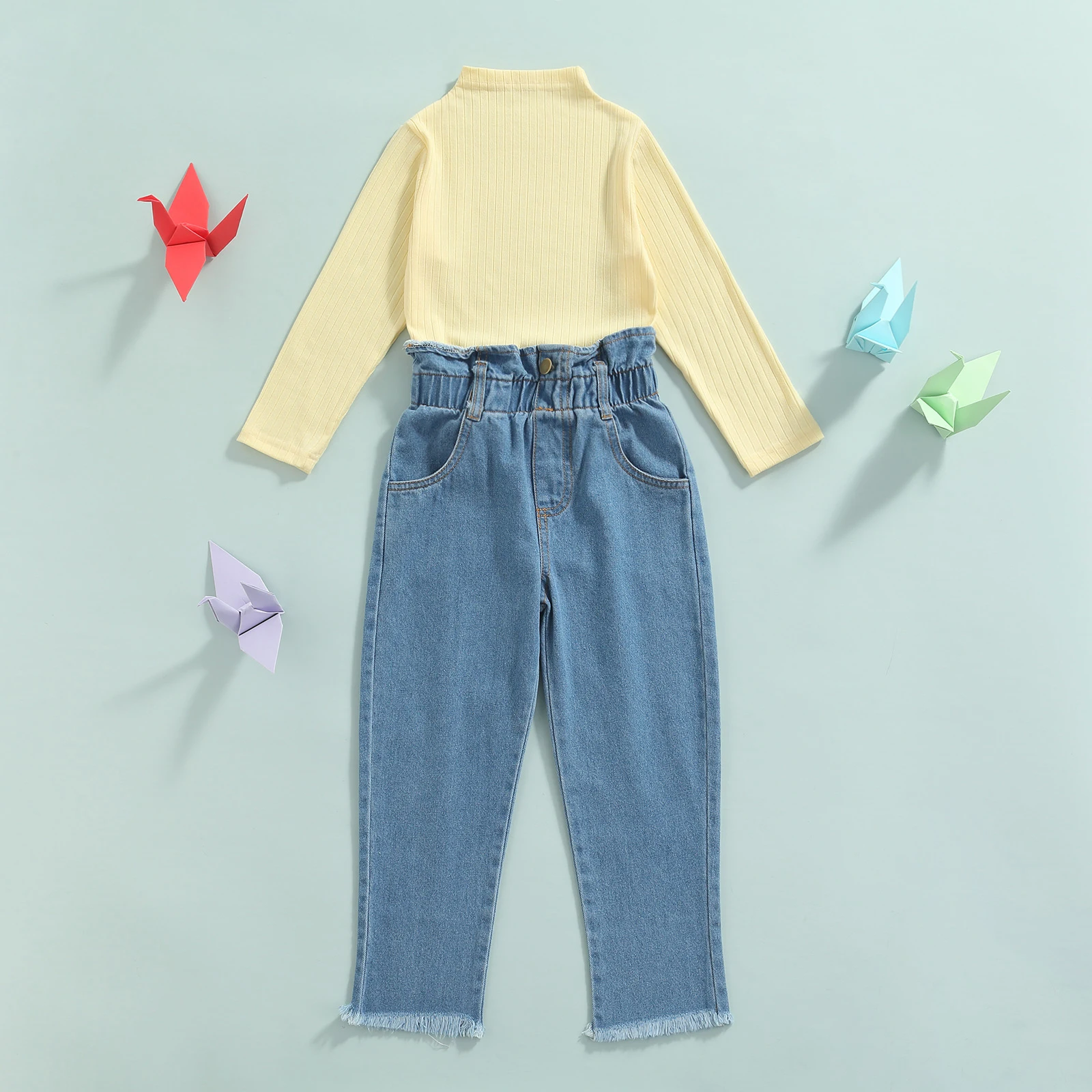 2 Pcs Infant Solid Color Outfits, Girls Long Sleeve Round Neck Pullover + Frayed Raw Hem Jeans with Pockets
2 Pcs Infant Solid Color Outfits, Girls Long Sleeve Round Neck Pullover + Frayed Raw Hem Jeans with Pockets