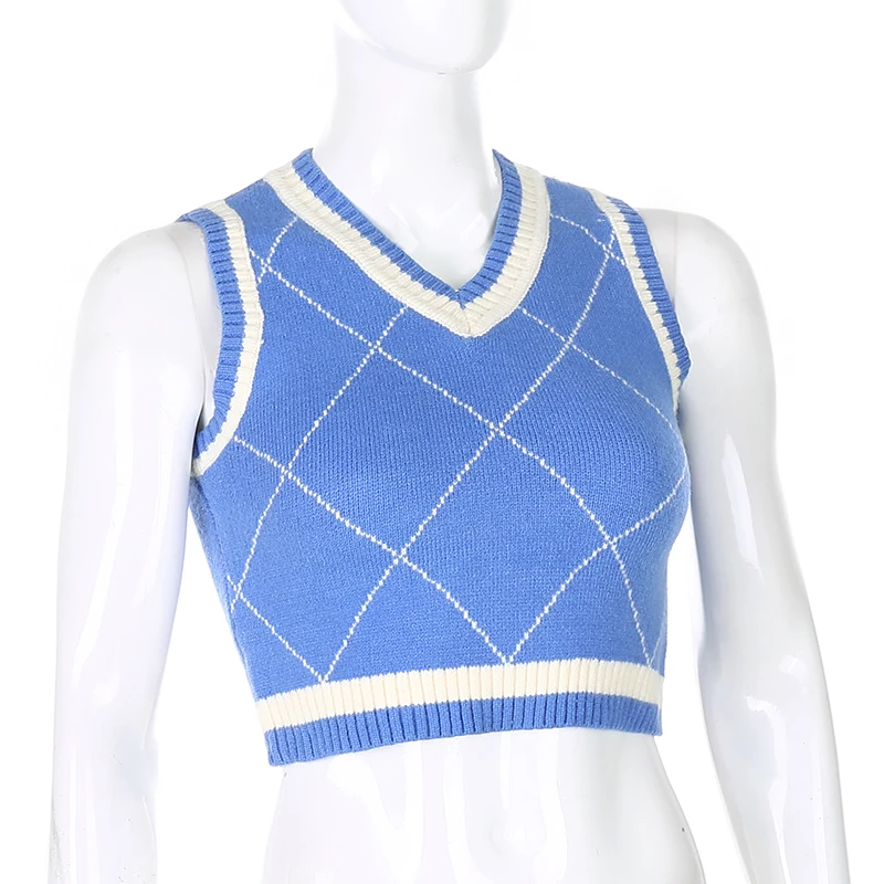 Blue Sleeveless Short Plaid Knitted Stripe Sweater Vest Female Streetwear Preppy Style V Neck Top Fashion 90s Knitwear Autumn 
Blue Sleeveless Short Plaid Knitted Stripe Sweater Vest Female Streetwear Preppy Style V Neck Top Fashion 90s Knitwear Autumn
