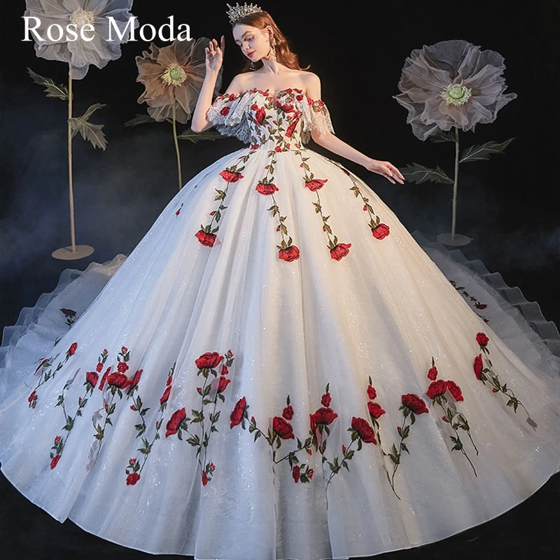 Rose Moda Luxury Off the Shoulder Red Rose Lace Wedding Dress with Long Train Princess Ball Gown Custom Make
Rose Moda Luxury Off the Shoulder Red Rose Lace Wedding Dress with Long Train Princess Ball Gown Custom Make