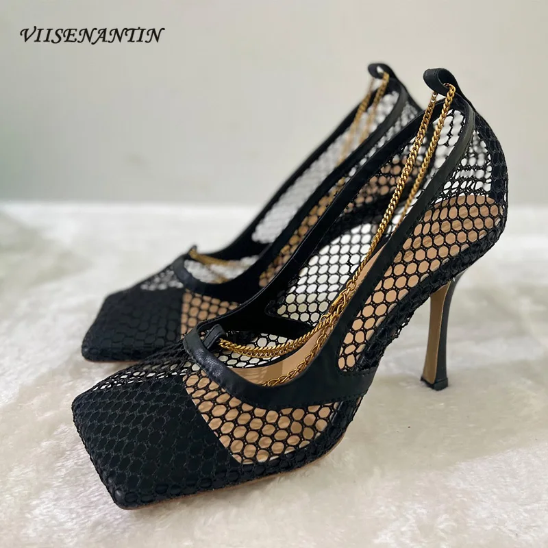 Sexy Mesh Hollow Chain Decoration Square Toe Stiletto High Heel Sandals Ladies Elegant Party Wedding Multicolor Single Shoes
Sexy Mesh Hollow Chain Decoration Square Toe Stiletto High Heel Sandals Ladies Elegant Party Wedding Multicolor Single Shoes