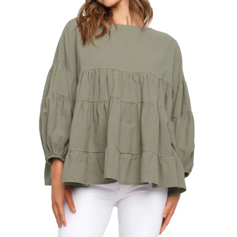 Spring Autumn Women Fashion Long Sleeve Round Neck Ruffles Top Casual Solid Color Loose Top for Ladies Female
Spring Autumn Women Fashion Long Sleeve Round Neck Ruffles Top Casual Solid Color Loose Top for Ladies Female