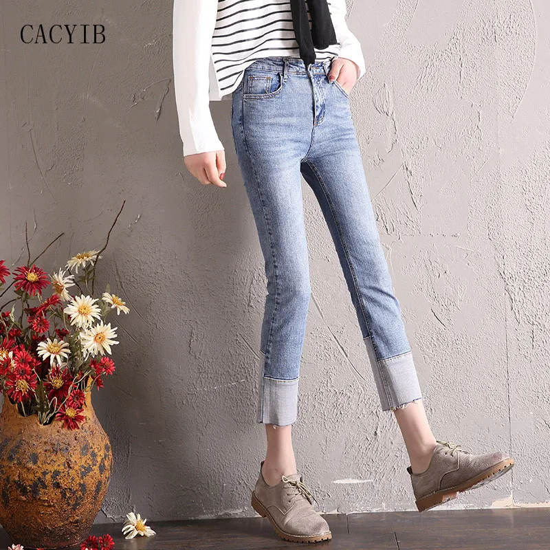 

2021 Chun-Autumn Korean version of new high-waisted straight leg jeans for women slimming slim stretch cuffed nine-minute pants