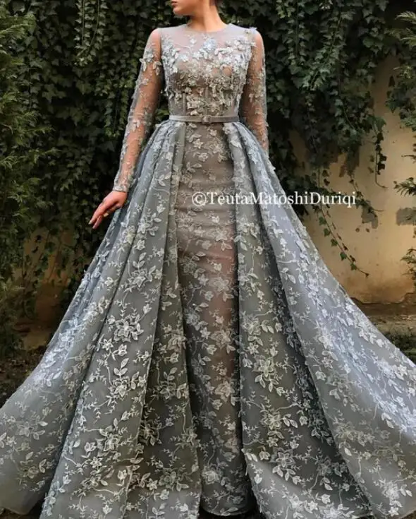 Вечернее платье-Русалка со съемным шлейфом, с длинным рукавом 
Вечернее платье-Русалка со съемным шлейфом, с длинным рукавом