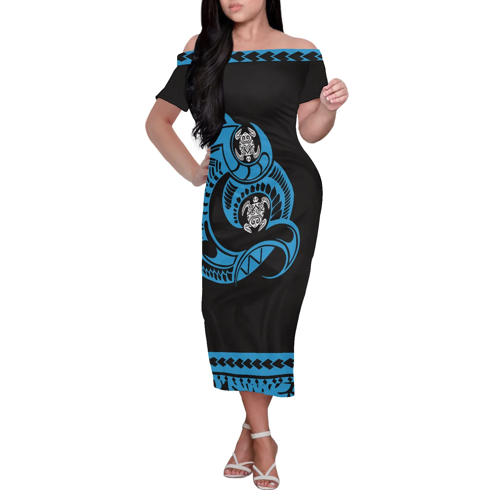 

Samoa Hawaii Tribal Sea turtle Printing Floral Sexy Dress Women Summer Casual Short Sleeve Off Shoulder Plus Size Party Dresses