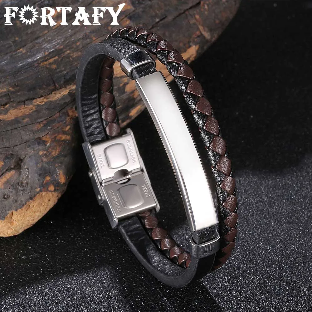 

FORTAFY Trendy Double Braided Leather Bracelet Men Charm Jewelry Stainless Steel Buckle Retro Bangles for Boyfriend Gift FR1147