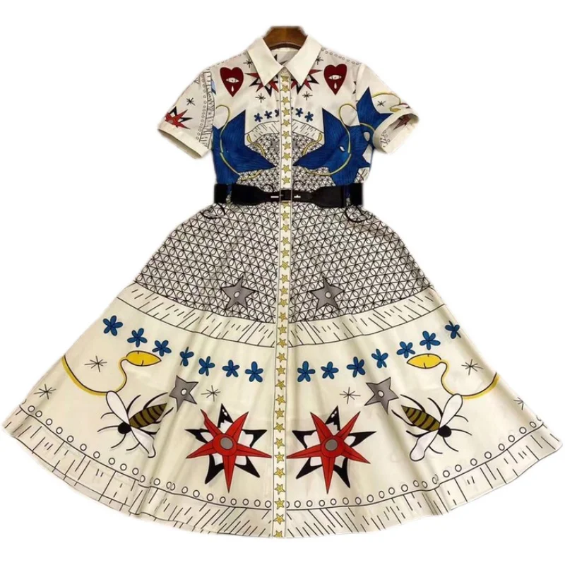 Women cotton summer dress turn down collar 2021 designer cute cartoon print a-line short sleeve belted dresses party vestidos
Women cotton summer dress turn down collar 2021 designer cute cartoon print a-line short sleeve belted dresses party vestidos