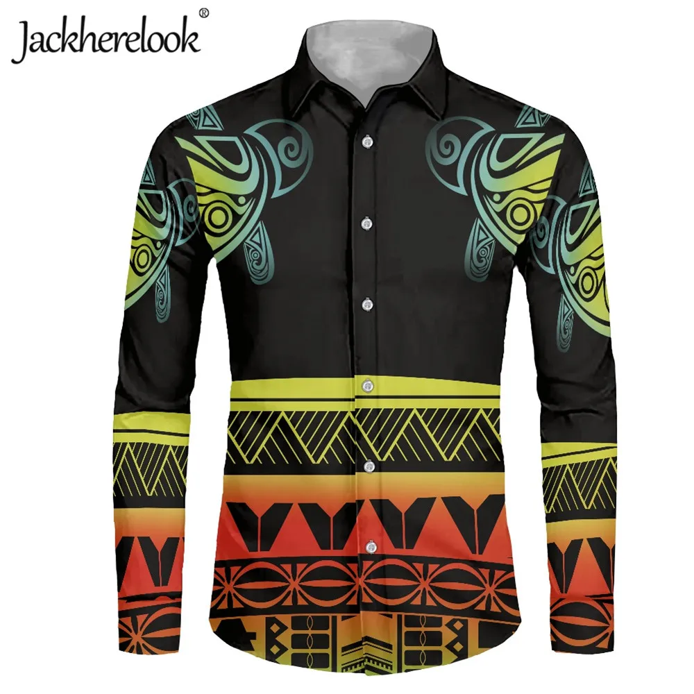

Jackherelook Men Long Sleeve Shirt Top Polynesian Tribal Turtle Tattoo Print Male Blouse Casual Hawaii Clothes Camisa Masculina