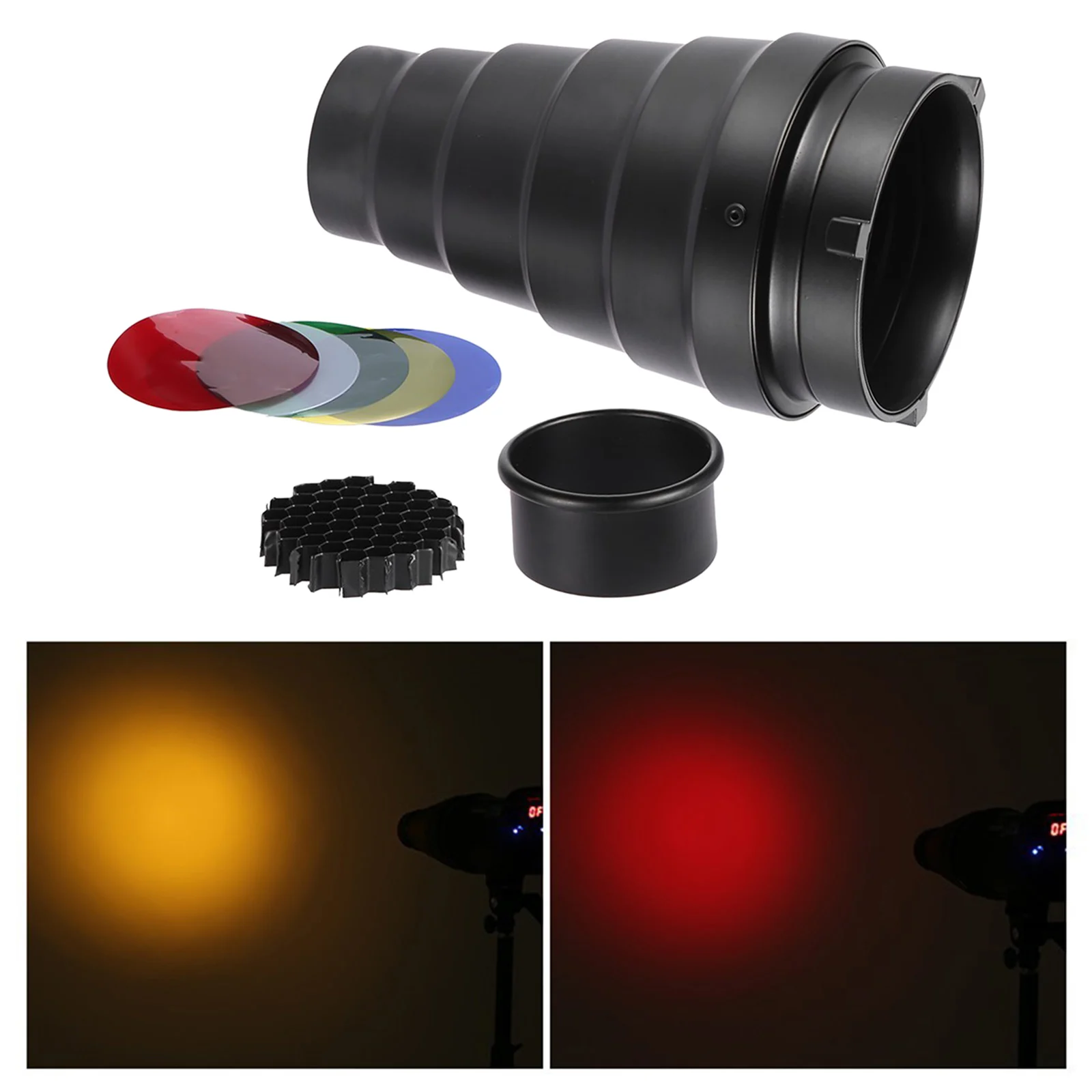 Conical Snoot, with Honeycomb Grid, 5x Color Gel Filters, for Bowens Mount Studio Flash Lamp
Conical Snoot, with Honeycomb Grid, 5x Color Gel Filters, for Bowens Mount Studio Flash Lamp