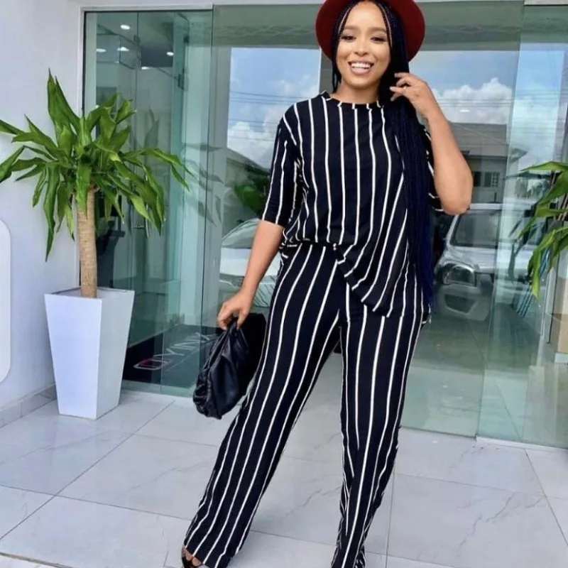 Casual Two Piece Set Women T Shirt 3/4 Sleeve Tops And Trousers Outfits Autumn Striped Print Office Lady Pant Suits Matching Set
Casual Two Piece Set Women T Shirt 3/4 Sleeve Tops And Trousers Outfits Autumn Striped Print Office Lady Pant Suits Matching Set