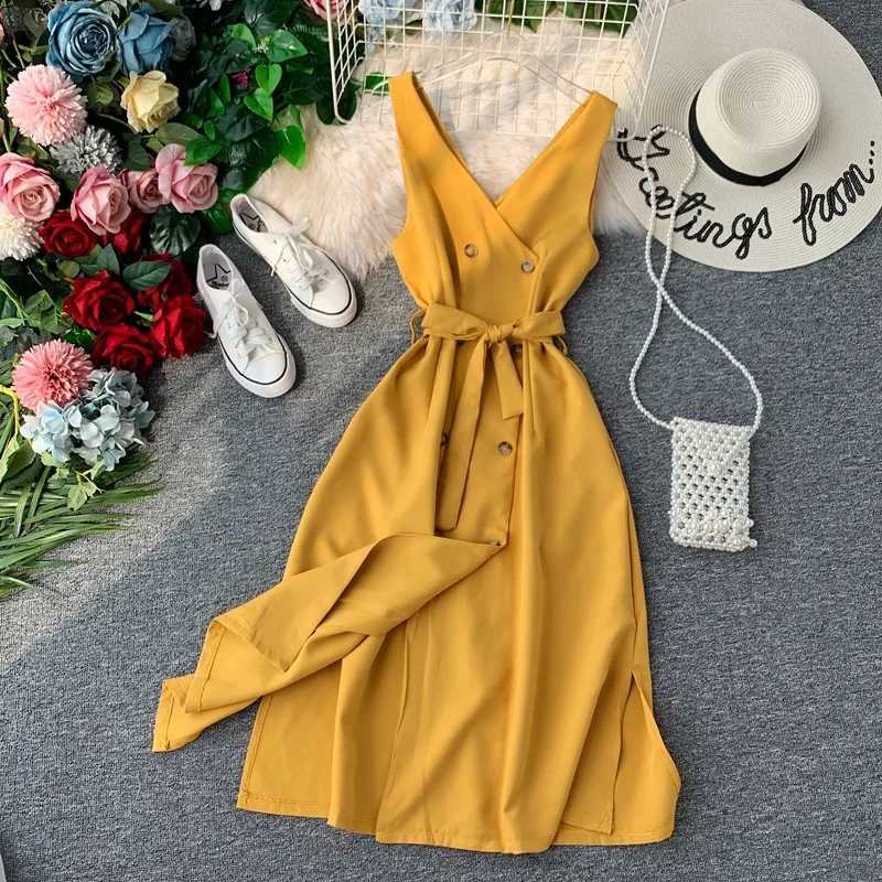 Temperament Female Chic 2021 New Spring Summer Double Breasted Dress Bandage V Neck Solid Casual Ladies Sexy Dress
Temperament Female Chic 2021 New Spring Summer Double Breasted Dress Bandage V Neck Solid Casual Ladies Sexy Dress