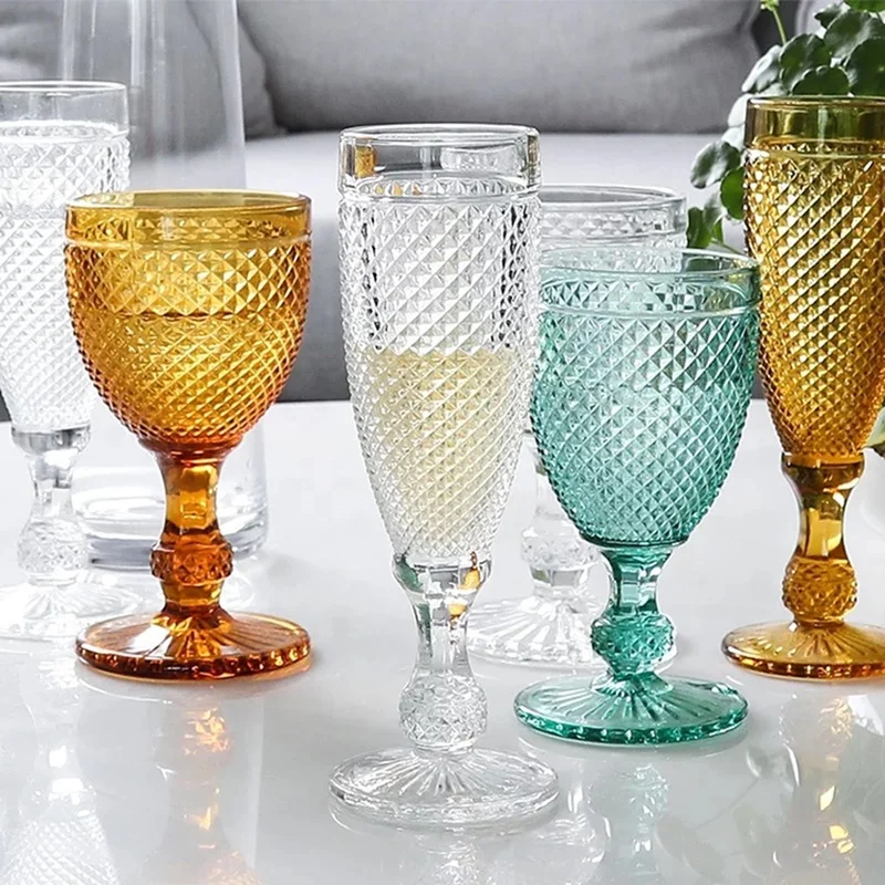 

Retro Wine Glasses Cups Amber Relief Diamond Drinking Fruit Juice Wedding Party Champagne Cup Wine Glass 300ml Goblet Glass Cup
