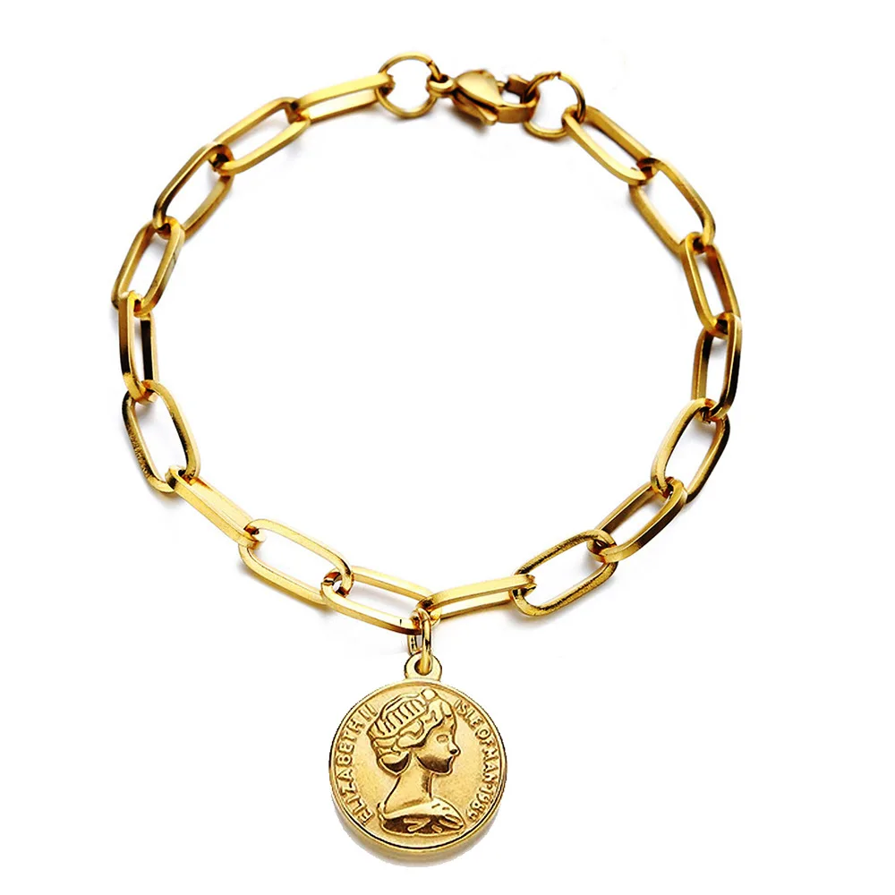 100% Stainless Steel Metal Coin Charm Bracelet Classic Gold/Steel Color Men Women Vintage Style Fashion Accessories
100% Stainless Steel Metal Coin Charm Bracelet Classic Gold/Steel Color Men Women Vintage Style Fashion Accessories