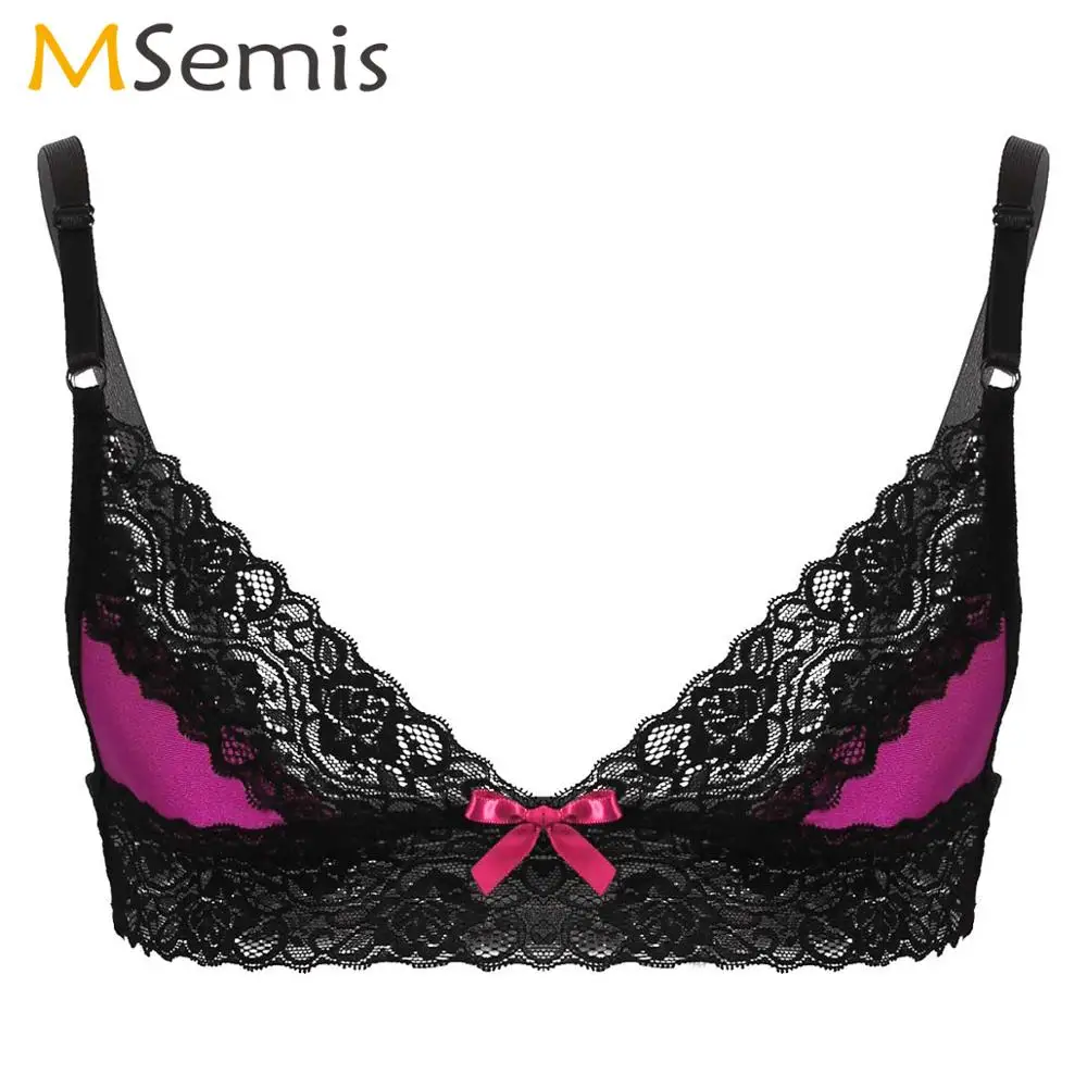 

Fetish Mens Sissy Bralette Tops Adjustable Spaghetti Straps Lace Triangle Cups Bra Erotic Wire-free Unlined Gay Bustier Lingerie