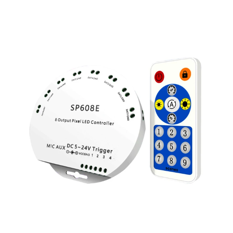 

SP608E WS2812B Music Controller DC5V-24V 8 CH Signal Output WS2811 WS2815 LED Light Strip Built In Mic IOS Android Bluetooth App