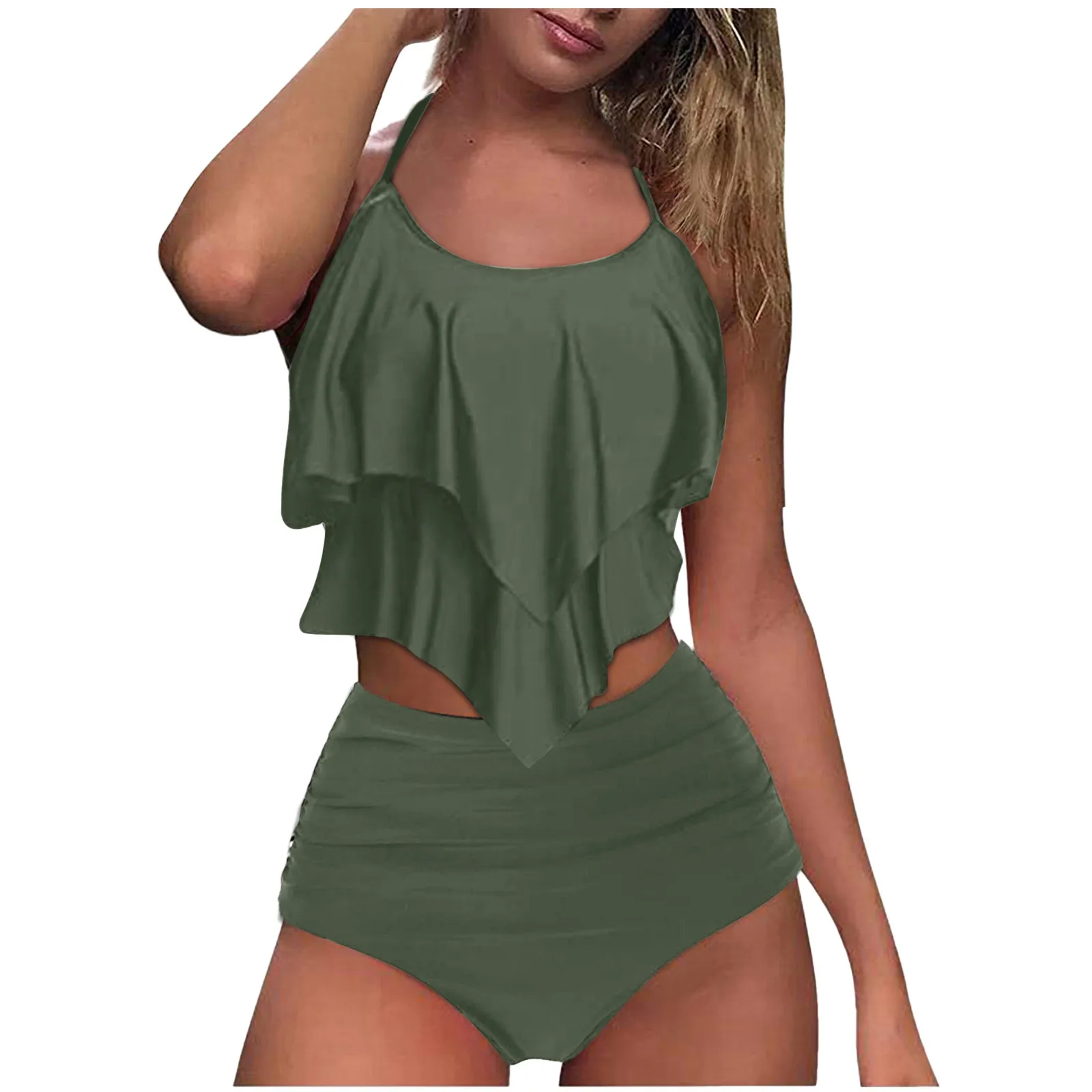 

Plus Size 2 Piece Swimsuits Women Bandage Push-up Padded Flounce Tankini Swimwear Two Piece Double Flounce Top Tankini Wholesale