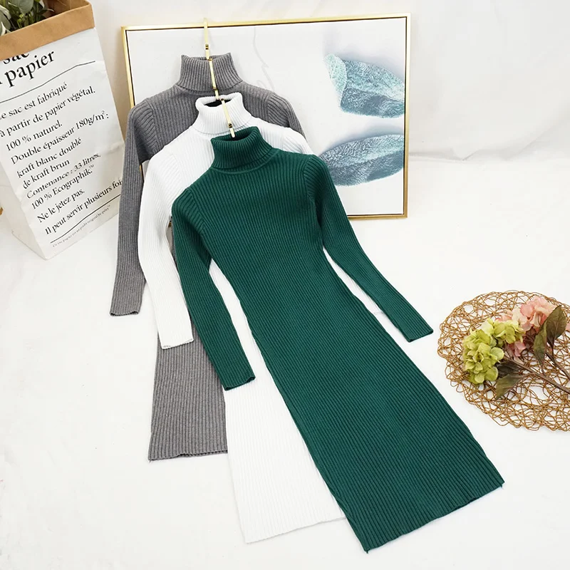 Женское трикотажное платье-водолазка однотонный плотный облегающий свитер в