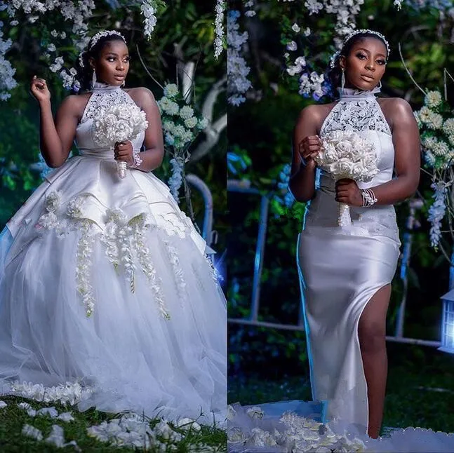 African High Neck Ball Gown Wedding Dresses With Detachable Skirt Sexy Side Slit Bridal Gowns Spring Autumn Garden Mariage Dress
African High Neck Ball Gown Wedding Dresses With Detachable Skirt Sexy Side Slit Bridal Gowns Spring Autumn Garden Mariage Dress