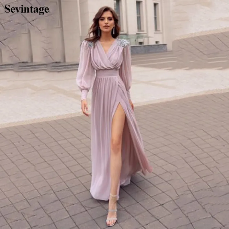 Sevintage Beach Long Puff Sleeves Chiffon Prom Dresses Appliques Lace V-Neck Split Side Long Evening Gowns Plus Size Women Dress
Sevintage Beach Long Puff Sleeves Chiffon Prom Dresses Appliques Lace V-Neck Split Side Long Evening Gowns Plus Size Women Dress