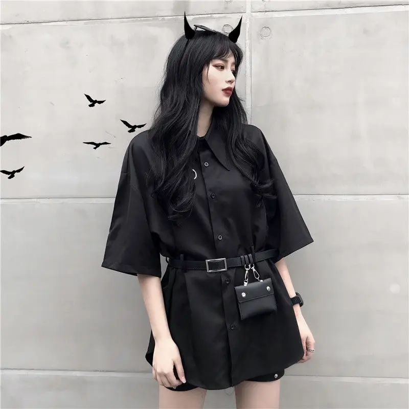 Women's shirt summer Gothic Korean dark ring belt bag short sleeve long shirt women's casual cool loose large black
Women's shirt summer Gothic Korean dark ring belt bag short sleeve long shirt women's casual cool loose large black