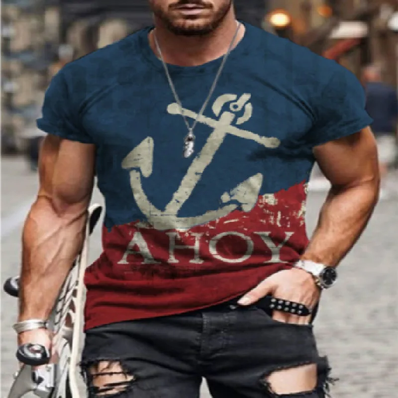 

Anchor printed T-shirt men's oversized retro short-sleeved fashion O-neck shirt street style summer new style 2021