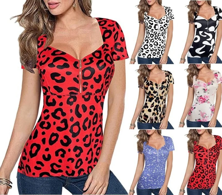 Zipper Leopard Printed Women's Tshirt V-neck Slim Short Sleeve Lady Fashion Summer Clothes Casual Pullover Sexy Tops for Women
Zipper Leopard Printed Women's Tshirt V-neck Slim Short Sleeve Lady Fashion Summer Clothes Casual Pullover Sexy Tops for Women
