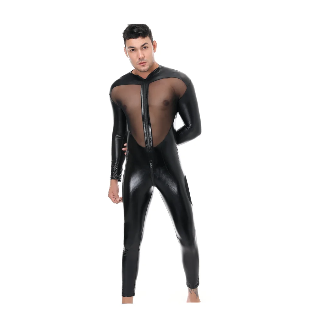 

Plus Size Patent Leather Hollow Out Mesh Splice Catsuit Mens Sexy Long Sleeves See Through Jumpsuit Zipper Open Crotch Bodysuit