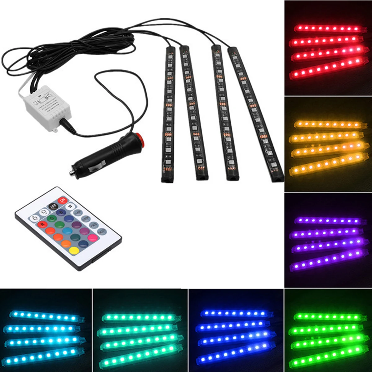 4 шт., 12 светодиодов RGB, декоративное освещение для салона автомобиля, Светодиодная лента с дистанционным управлением
4 шт., 12 светодиодов RGB, декоративное освещение для салона автомобиля, Светодиодная лента с дистанционным управлением