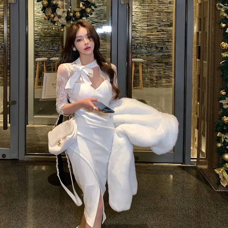 Sexy White Dress Midi Ladies Elegant Stitching Lace Mesh Lace-up Sheath Dress High Waist Slimming Split Mid-calf Feminine Dress
Sexy White Dress Midi Ladies Elegant Stitching Lace Mesh Lace-up Sheath Dress High Waist Slimming Split Mid-calf Feminine Dress