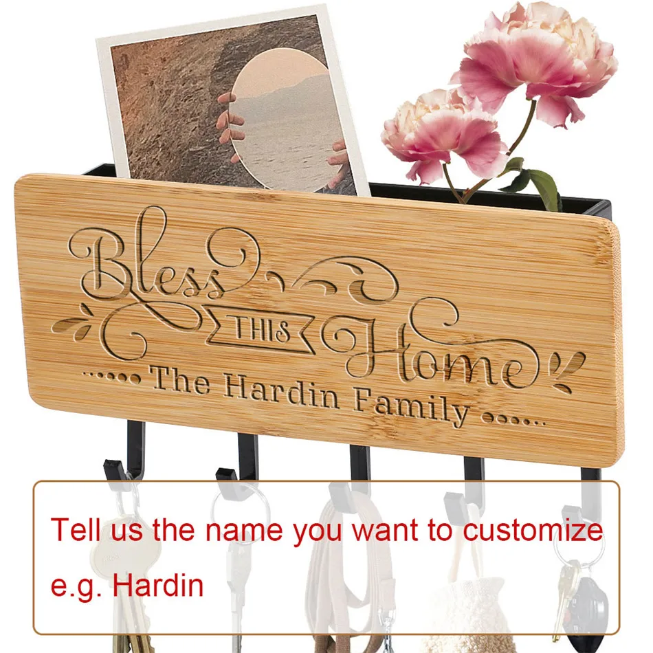 Customized Bamboo Wood Key Racks Personalized Engraved Bless This Home The xxx Family 5 Hooks Wall-Hanging Type Sundries Hanger
Customized Bamboo Wood Key Racks Personalized Engraved Bless This Home The xxx Family 5 Hooks Wall-Hanging Type Sundries Hanger