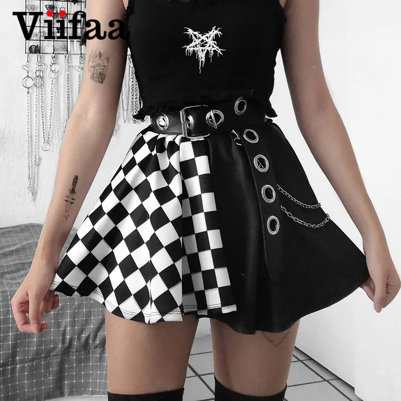 

Viifaa Plaid and Black Two Tone High Waist A Line Skater Skirts Gothic Clothes Womens 2021 Vintage Mini Length Skirt