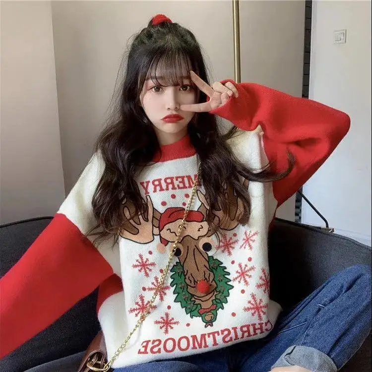 

Рождественский вязаный пуловер, ярко-красный женский трикотажный свободный свитер с мультяшным оленем, Милая женская одежда, новинка 2022