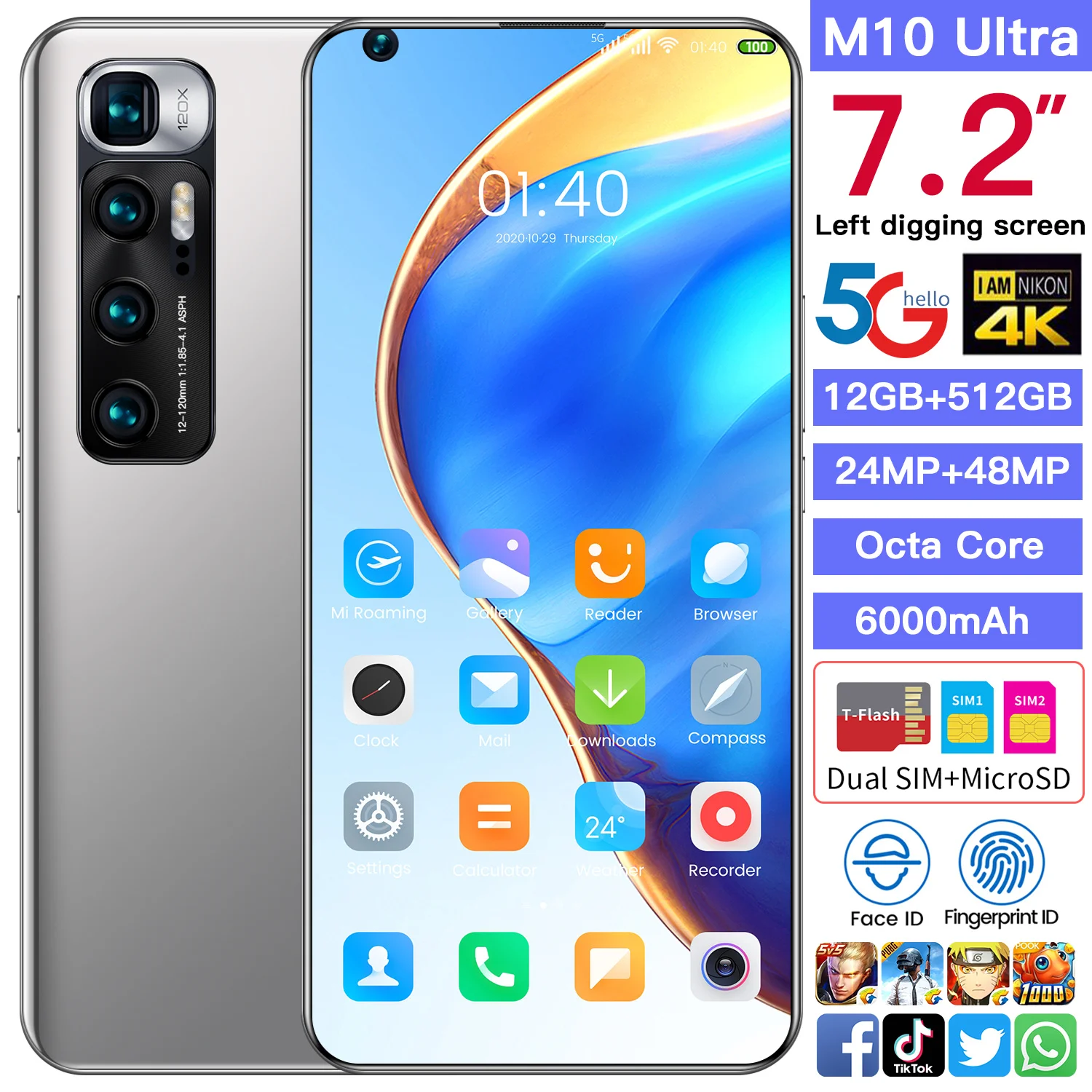 Smartphone 5G M10 Ultra Global Version 12G 512G MTK6889+ Deca Core 6000mAh 7.2 Inch HD Screen New 48 MP Rear Camera Cellphone
Smartphone 5G M10 Ultra Global Version 12G 512G MTK6889+ Deca Core 6000mAh 7.2 Inch HD Screen New 48 MP Rear Camera Cellphone