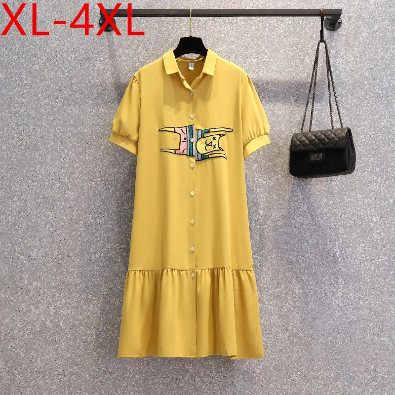 Plus Size Women Dress Summer Embroidery Cartoon Short Sleeves Turn-down Collar Causal Loose Female Dresses XL 2XL 3XL 4XL
Plus Size Women Dress Summer Embroidery Cartoon Short Sleeves Turn-down Collar Causal Loose Female Dresses XL 2XL 3XL 4XL