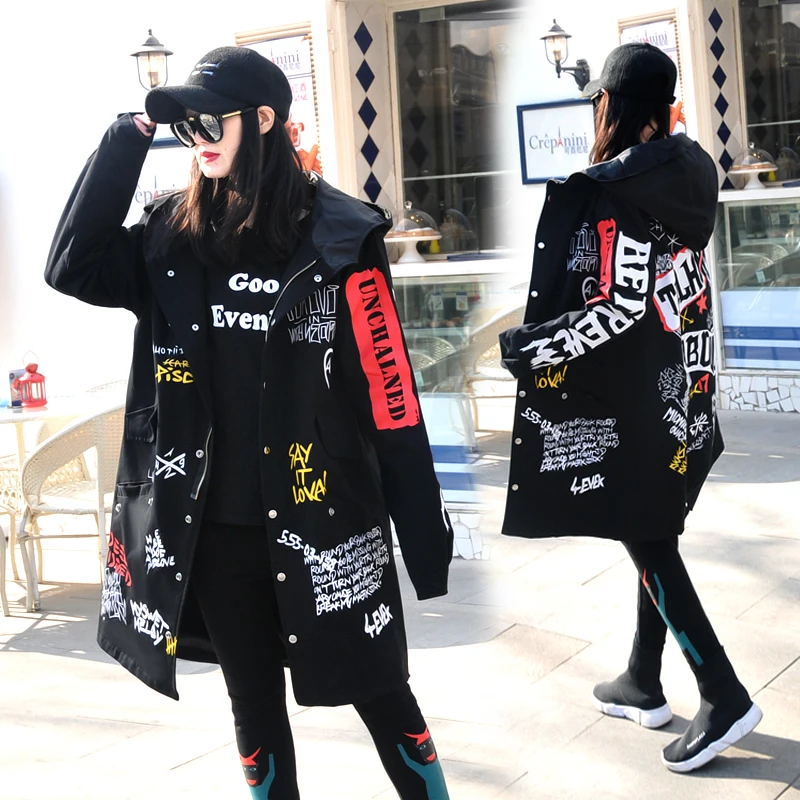 Women's long Parkas Winter Hip-hop Cotton Padded Trench Letter-printed Coat