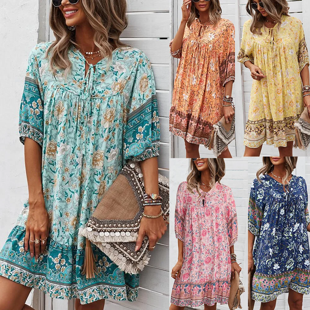 Summer Floral Short-sleeved Hollow Womens Dress Ins Style Casual Loose Fashion Short Skirt Bohemian Style -40
Summer Floral Short-sleeved Hollow Womens Dress Ins Style Casual Loose Fashion Short Skirt Bohemian Style -40