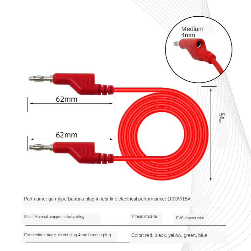 P1036 4mm Banana Plug Test Lead Soft Silicone Cable Safe Stackable Male Plug 1M Wire 24AWG 1000V/10A
P1036 4mm Banana Plug Test Lead Soft Silicone Cable Safe Stackable Male Plug 1M Wire 24AWG 1000V/10A