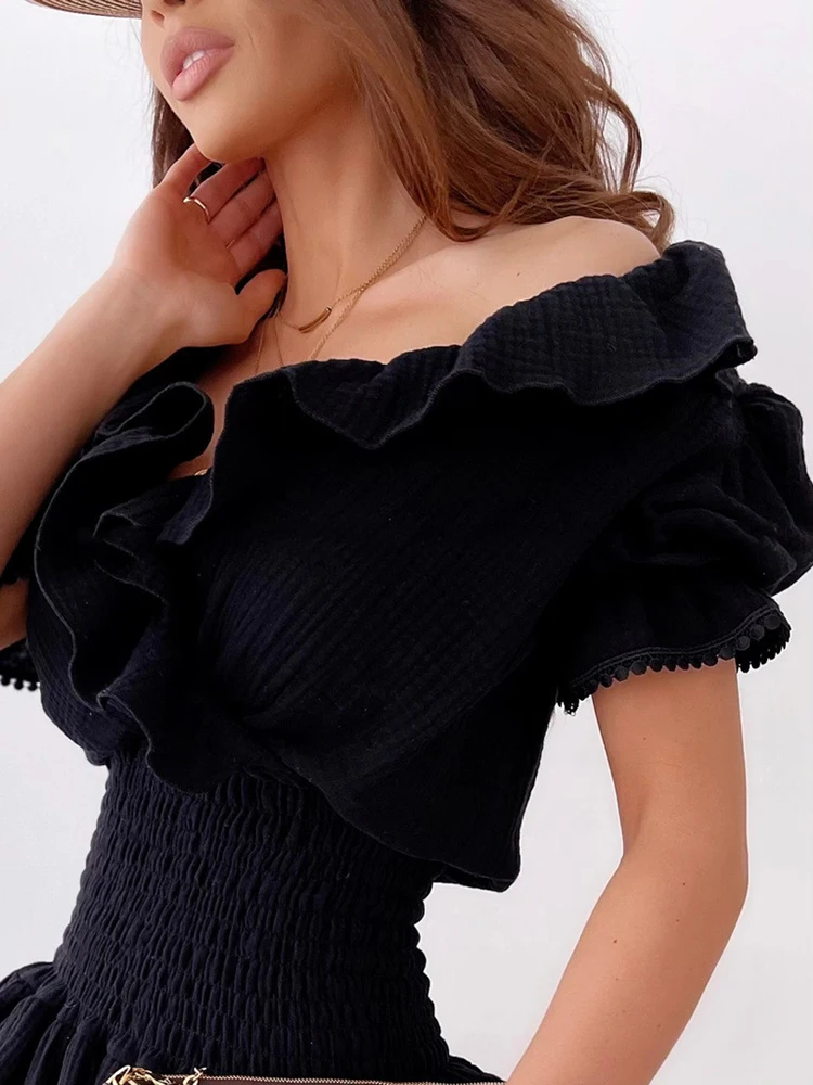 Sexy Off Shoulder Short Sleeve Black Mini Woman Dress 2021 Summer Club Ruffles Elastic Waist Ladies Dresses For Women Robe Femme
Sexy Off Shoulder Short Sleeve Black Mini Woman Dress 2021 Summer Club Ruffles Elastic Waist Ladies Dresses For Women Robe Femme