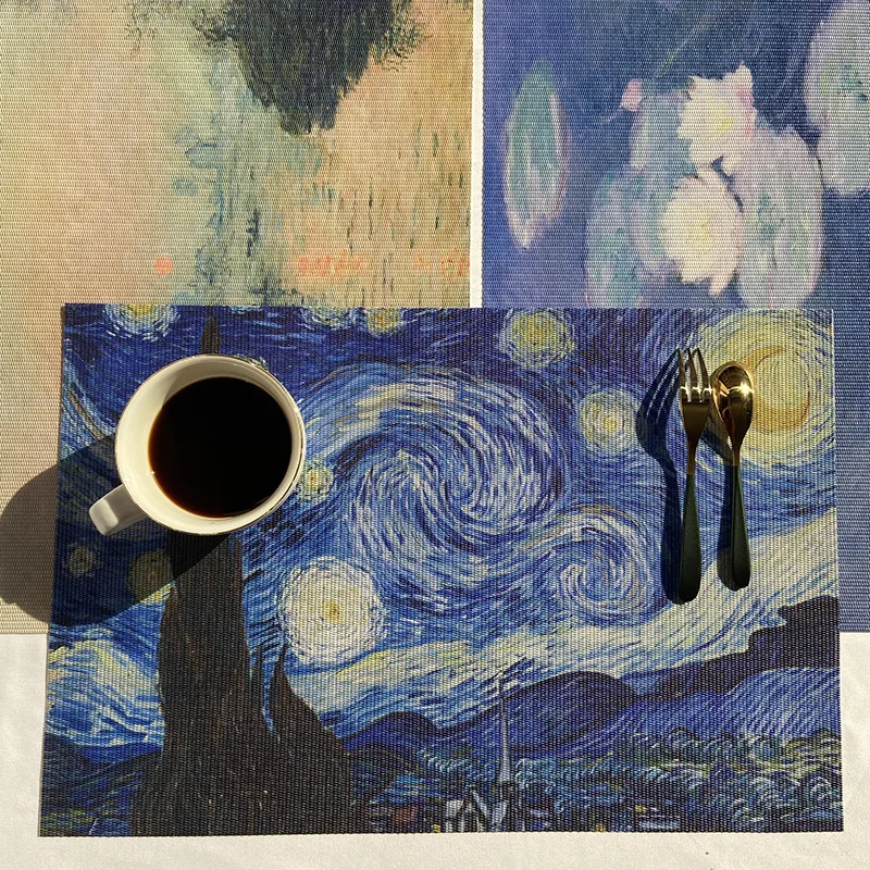pvc placemat Van Gogh oil painting western food placemat, high quality kitchen placemat, waterproof and heat insulation placemat
pvc placemat Van Gogh oil painting western food placemat, high quality kitchen placemat, waterproof and heat insulation placemat
