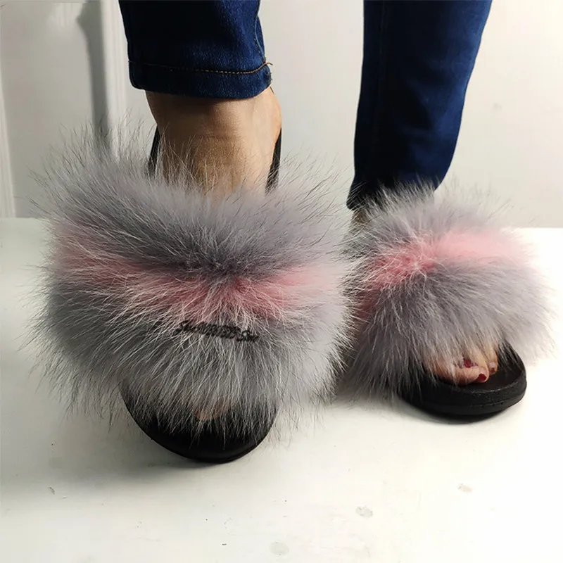 

Ladies Real Fox Fur Slides Women Furry Plush Big Size Slippers With Raccoon Fur Shoes Female Fluffy Sandals Wholesale Flip Flops