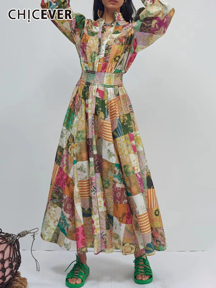 

CHICEVER винтажное цветное Платье с принтом для женщин, с воротником-стойкой, с пышными рукавами, с высокой талией, платья длиной до щиколотки, ж...